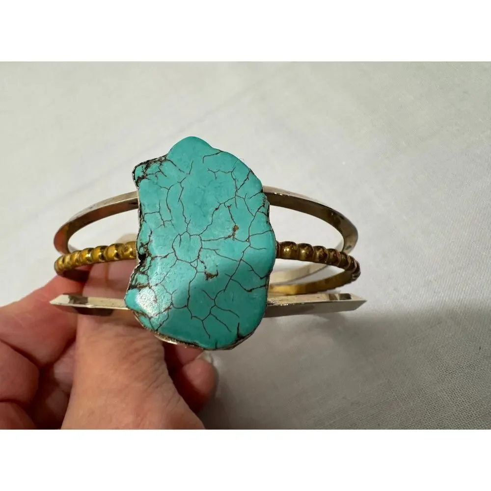 Cuff Bracelet Turquoise Stone Gold and Silver Tone Statement Southwestern
